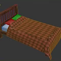 Wooden Bed with Wooden Headboard Red Plaid Blanket and White Pillows