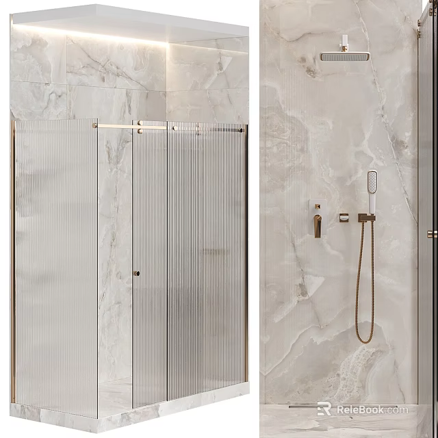 Modern Shower Sauna Interior Design With Marble Wall Glass Partition And Brass Shower Fixtures 3d model 