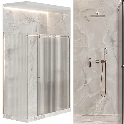 Modern Shower Sauna Interior Design With Marble Wall Glass Partition And Brass Shower Fixtures 3d model