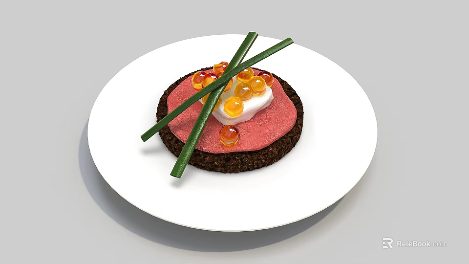 Delicious Round Gourmet Food on White Plate With Red Sauce Orange Caviar and Green Chives 3d model 