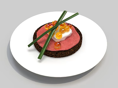 Delicious Round Gourmet Food on White Plate With Red Sauce Orange Caviar and Green Chives 3d model