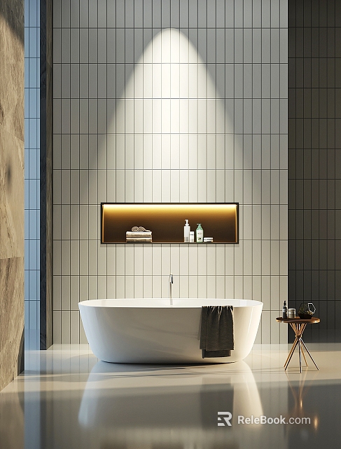 Modern Bathroom Interior Design With White Bathtub Illuminated Niche And Tiled Walls Wooden Accents 3d model 