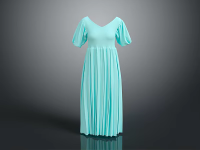 Elegant Teal V Neck Pleated Dress With Puffed Sleeves And Long Flowy Design 3d model