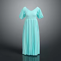 Elegant Teal V Neck Pleated Dress With Puffed Sleeves And Long Flowy Design