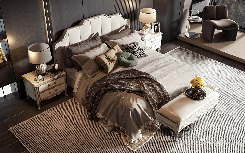 Modern Double Bed In Bedroom With Upholstered Headboard Pillows Plaid Blanket Bedside Lamps And Bench 3d model 