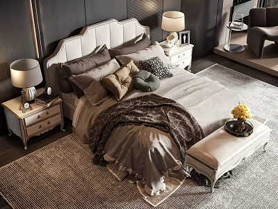 Modern Double Bed In Bedroom With Upholstered Headboard Pillows Plaid Blanket Bedside Lamps And Bench 3d model
