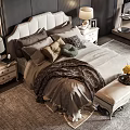 Modern Double Bed In Bedroom With Upholstered Headboard Pillows Plaid Blanket Bedside Lamps And Bench