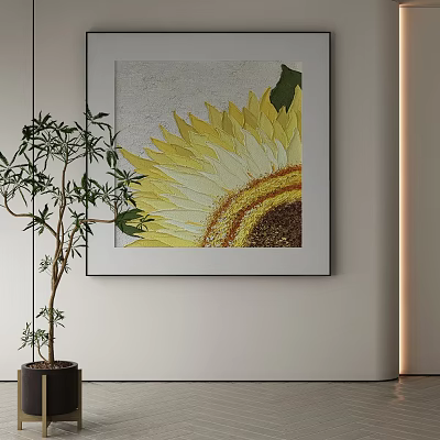 Abstract Painting of Yellow Sunflower with Gray Background Hanging on Wall and Green Plant 3d model