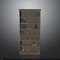 Dark Wooden Bookcase With Multiple Storage Shelves Drawers And Decorative Books Items