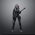 Hooded Character In Black Tactical Outfit Holding Rifle With Blue Accents