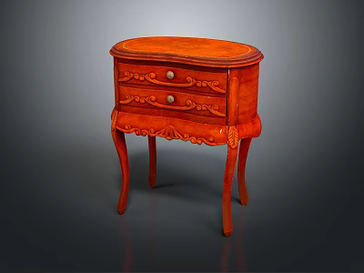 Orange Wooden Bedside Table With Two Drawers And Carved Curved Legs 3d model
