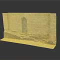 Stone Wall Architectural Model With Arched Blue Door And Mossy Base On Black Reflective Surface