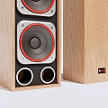 Modern Wooden Tower Speaker With Multiple Red Rimmed Drivers And Sleek Design