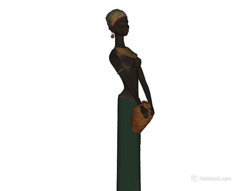 African Inspired Decorative Figurine Set With Headwrap Green Attire And Basket 3d model 