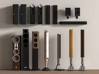 Modern Headphones And Speakers With Various Designs Including Floorstanding Bookshelf And Soundbar Styles 3d model