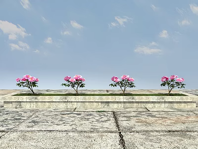 Pink Flowering Plants Growing On Stone Platform With Stone Paved Ground And Blue Sky Clouds 3d model