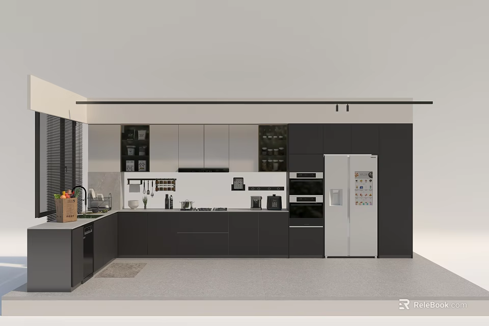 Modern Kitchen Interior With Black White Cabinets And Stainless Steel Appliances 3d model 