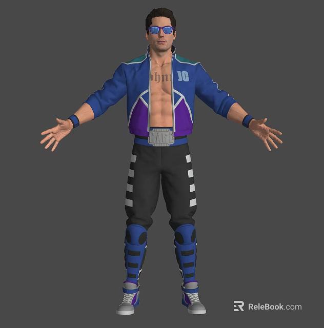 Man in blue purple jacket with 10 JIM black pants white stripes blue knee pads 3d model 