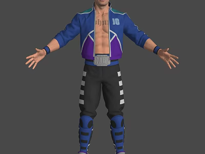 Man in blue purple jacket with 10 JIM black pants white stripes blue knee pads 3d model