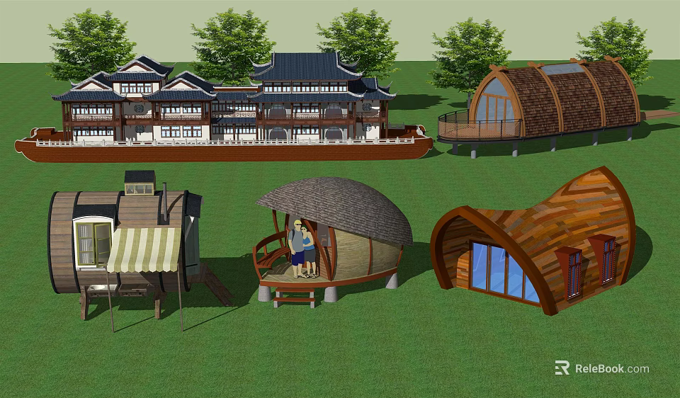 Traditional And Modern Architectural Designs Featuring Various Unique Buildings With Green Lawn And Trees 3d model 