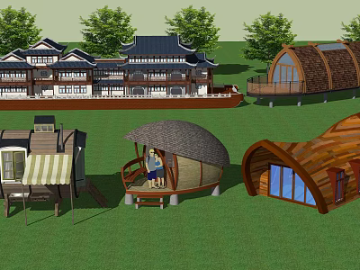 Traditional And Modern Architectural Designs Featuring Various Unique Buildings With Green Lawn And Trees 3d model