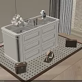 White Bathroom Vanity With Flower Vase Toiletries And Handbags On Polka Dot Rug