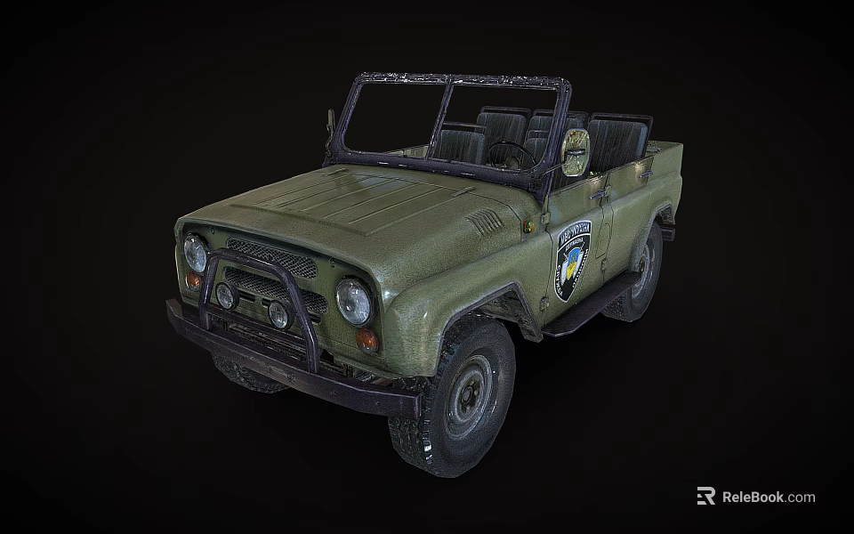 Military Green Open Top Off Road Vehicle With Front Grille And Side Badge 3d model 