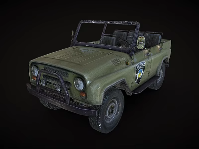Military Green Open Top Off Road Vehicle With Front Grille And Side Badge 3d model