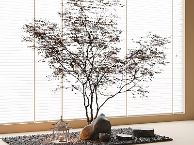 Indoor Landscape Featuring Red Leaf Tree Against White Blinds With Stone Lantern And Mat 3d model