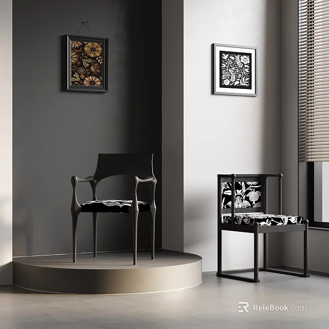 Modern Interior Featuring Two Stylish Chairs Decorative Paintings And Window Blinds 3d model 