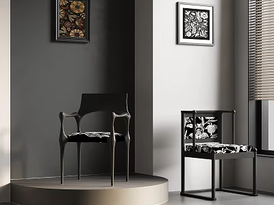 Modern Interior Featuring Two Stylish Chairs Decorative Paintings And Window Blinds 3d model