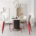 Modern Restaurant Interior With Round Dining Table Red Leg Chairs And White Spherical Pendant Light 3d model