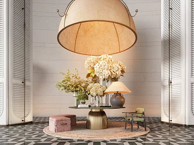 Elegant End Table Decor With Lampshade White Flowers Green Plants Round Rug And Pink Stool 3d model