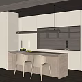 Modern Open Concept Restaurant Kitchen With Pendant Lighting White Cabinets And Dining Chairs 3d model