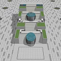 Outdoor Staircase Landscape Design With Central Fountain Greenery And Open Plaza People