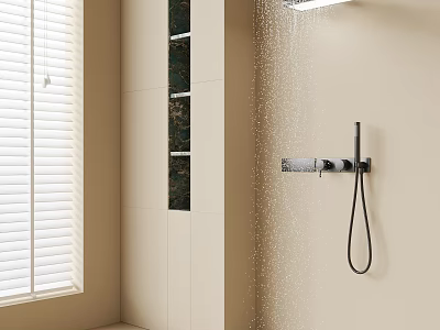 Wall-mounted Shower Head With Water Spray In Beige Bathroom With White Blinds And Built-in Niches 3d model