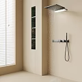 Wall-mounted Shower Head With Water Spray In Beige Bathroom With White Blinds And Built-in Niches