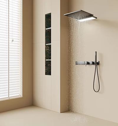 Wall-mounted Shower Head With Water Spray In Beige Bathroom With White Blinds And Built-in Niches 3d model