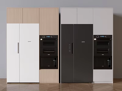 Modern Kitchen Refrigerators and Freezers with White Black Design and Integrated Cabinets 3d model