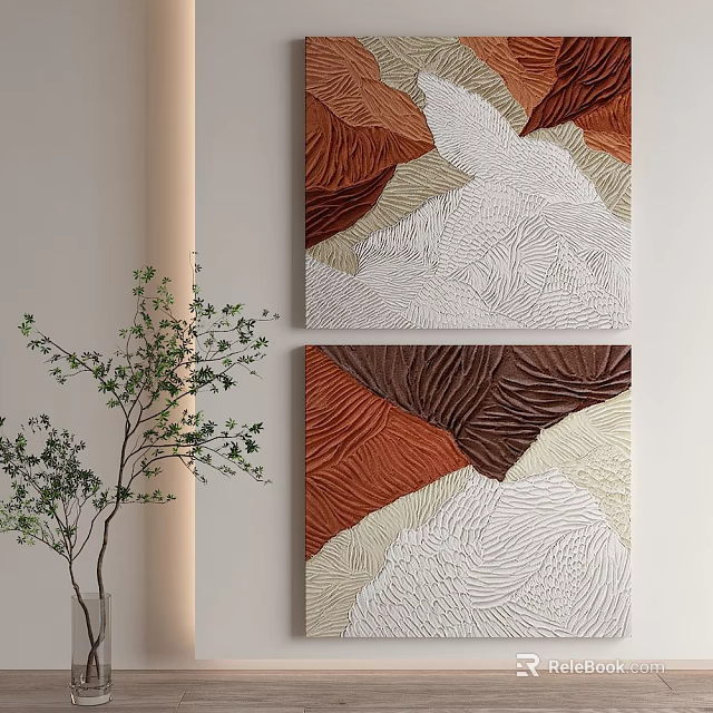 Textured Geometric Artwork With Brown Beige White Tones And Green Plant On Wall 3d model