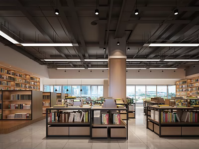 Book Art Interior Design Featuring Open Space Bookshelves Large Windows And Lighting 3d model