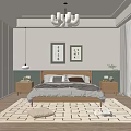 Modern Bedroom Interior With Bed Nightstands Chandelier Framed Art And Geometric Rug