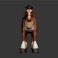 Brown decorative horse model with black mane red saddle green details and white hooves
