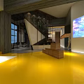 Modern Restaurant Interior With Yellow Flooring Projection Screens And Ambient Lighting
