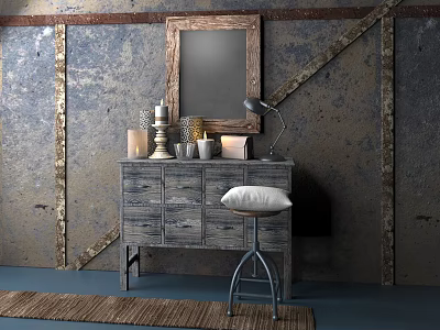 Rustic Entryway Console Table With Mirror Decorative Items Stool And Jute Rug 3d model