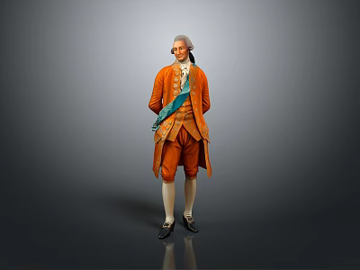 Man in Historical Orange Coat With Green Sash White Stockings Black Shoes On Grey Background 3d model