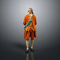 Man in Historical Orange Coat With Green Sash White Stockings Black Shoes On Grey Background