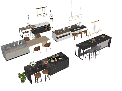 Modern Bar Counter Designs With Marble Tops Bar Stools And Hanging Lights 3d model
