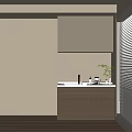 Balcony Cabinet With Upper Cabinets White Countertop Wooden Finish And Small Plant By Window Blinds