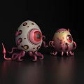 Whimsical Egg Shaped Decorative Ornament Set With Large Eyes And Pink Gray Tentacles